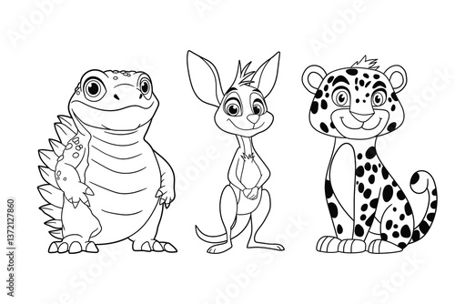 A charming black and white illustration featuring a smiling lizard, a kangaroo, and a cheetah, perfect for a coloring book page.