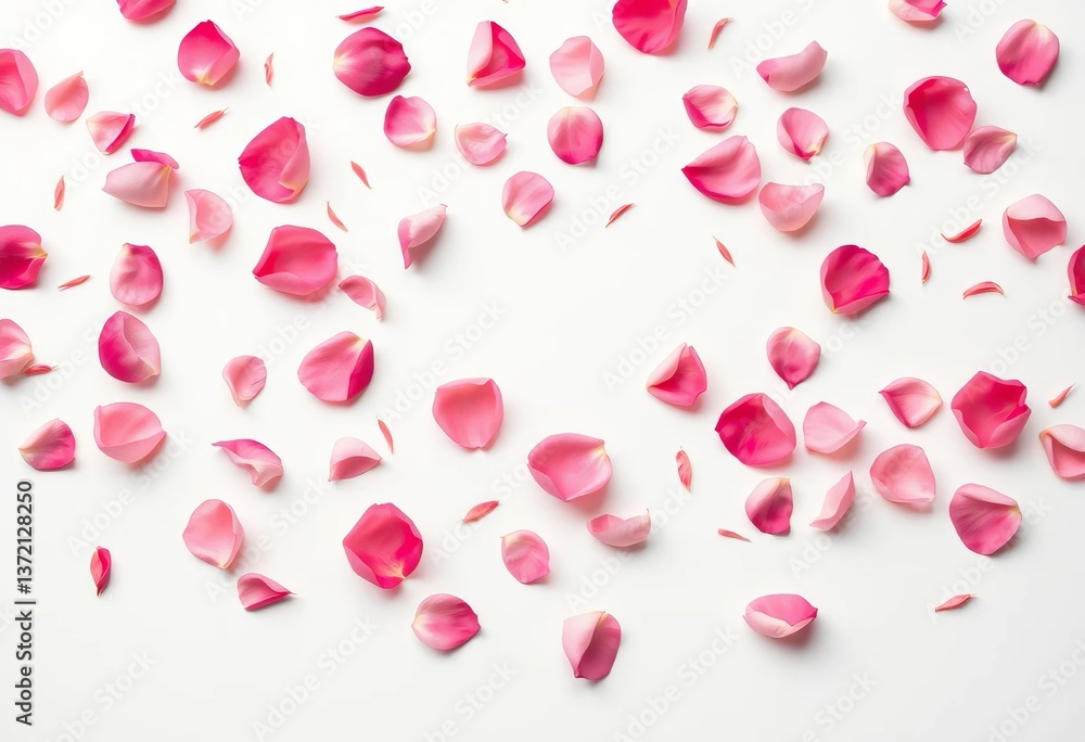 Delicate rose petals scattered artfully on a pristine white background Valentine's, Mother's Day, blossom, soft Delicate rose petals scattered artfully on a pristine white background Valentine's, Mother's Day, blossom, soft