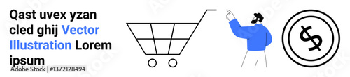 Man pointing at a shopping cart with a nearby currency symbol, emphasizing online shopping, financial transactions, digital marketplaces, and retail. Ideal for e-commerce, business, sales, marketing