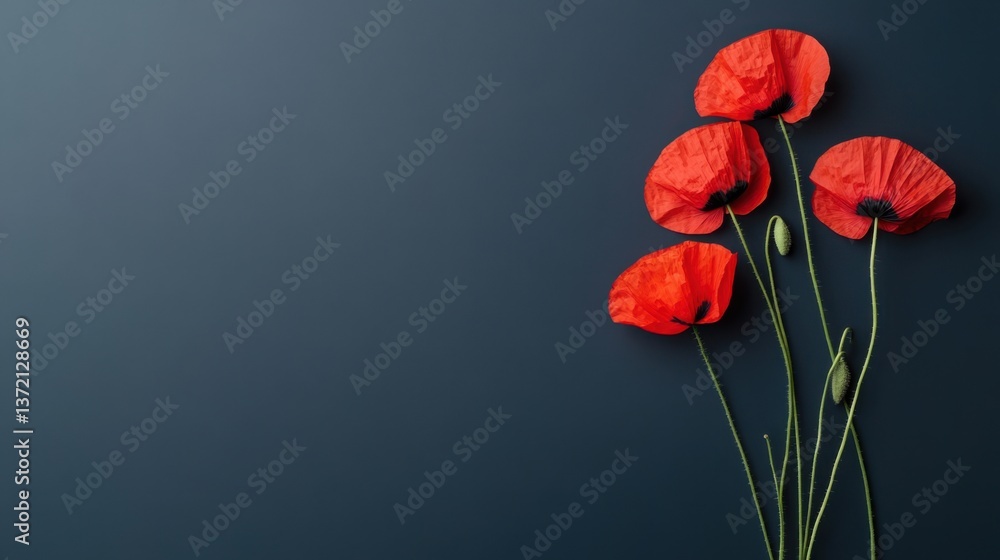 Obraz premium Elegant arrangement of vibrant red poppy flowers against a minimalist dark background, showcasing the beauty of nature and floral artistry in a serene setting