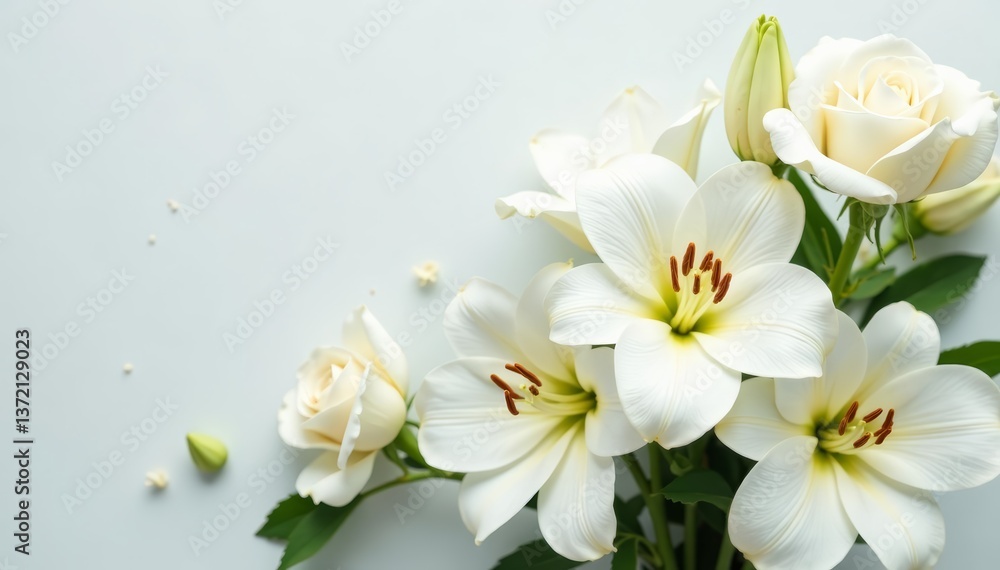 Obraz premium Delicate white roses and lilies on a clean background, beautiful, blooms, botanical
