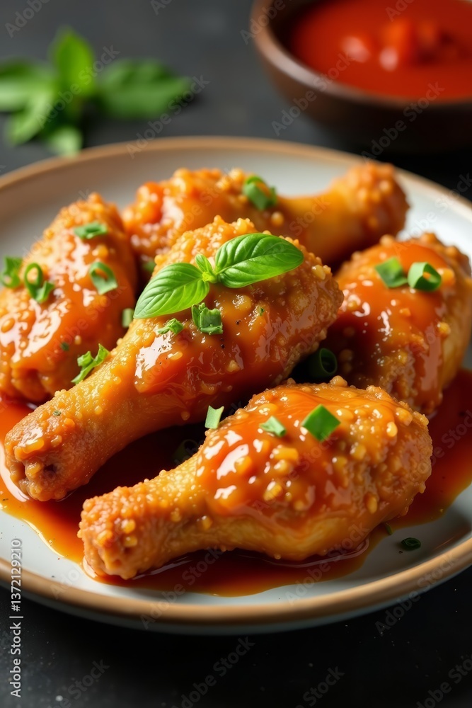 Delicious Korean fried chicken with spicy sauce on a plate, chicken, spicy, sauce Delicious Korean fried chicken with spicy sauce on a plate, chicken, spicy, sauce