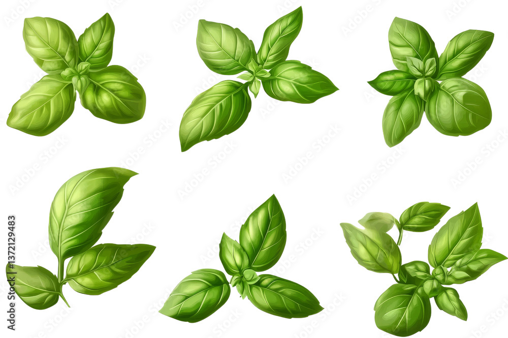 Six Basil Leaves Set, Digital Painting, Isolated on Transparent Background, Herb, Culinary, Basil, Greens, Food Six Basil Leaves Set, Digital Painting, Isolated on Transparent Background, Herb, Culinary, Basil, Greens, Food