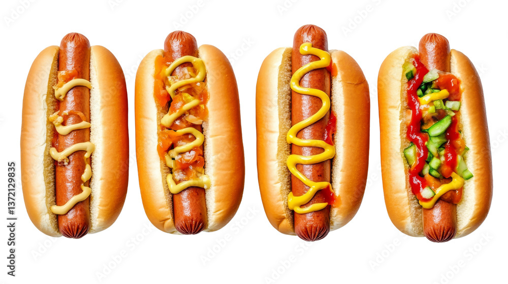 Four Hot Dogs with Different Toppings Isolated on Transparent Background, Food Photography, Delicious, Hot Dog, Fast food, illustration, meal Four Hot Dogs with Different Toppings Isolated on Transparent Background, Food Photography, Delicious, Hot Dog, Fast food, illustration, meal