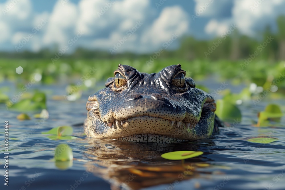 Alligator surfaces in calm waters surrounded by lush vegetation on a sunny day Alligator surfaces in calm waters surrounded by lush vegetation on a sunny day