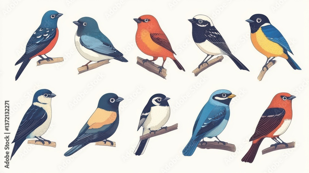 Fototapeta premium Colorful hand-drawn bird illustrations in various poses, perfect for design projects, wallpapers, and greeting cards. illustration