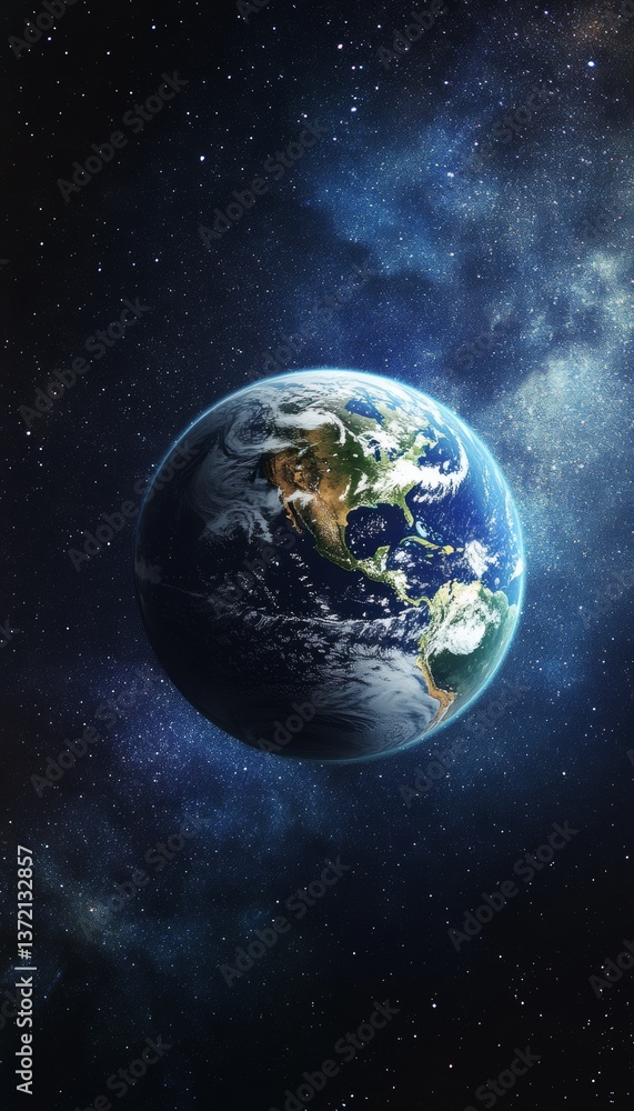 Naklejka premium Stunning photorealistic image of earth among stars, showcasing day and night hemisphere contrast