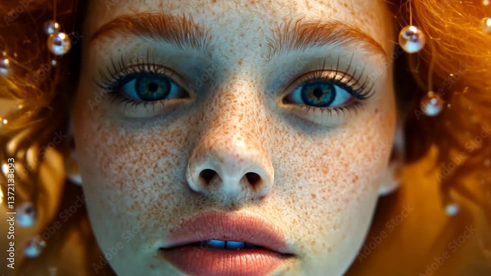 Underwater portrait of freckled girl with red hair, pearls, studio shot, beauty Underwater portrait of freckled girl with red hair, pearls, studio shot, beauty