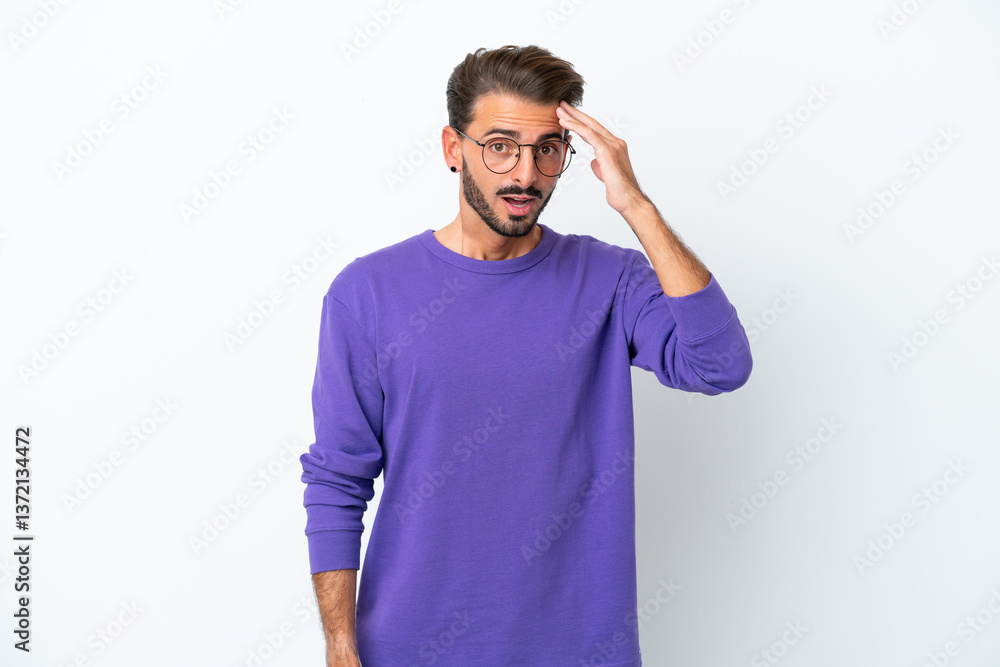 Young caucasian man isolated on white background has realized something and intending the solution Young caucasian man isolated on white background has realized something and intending the solution
