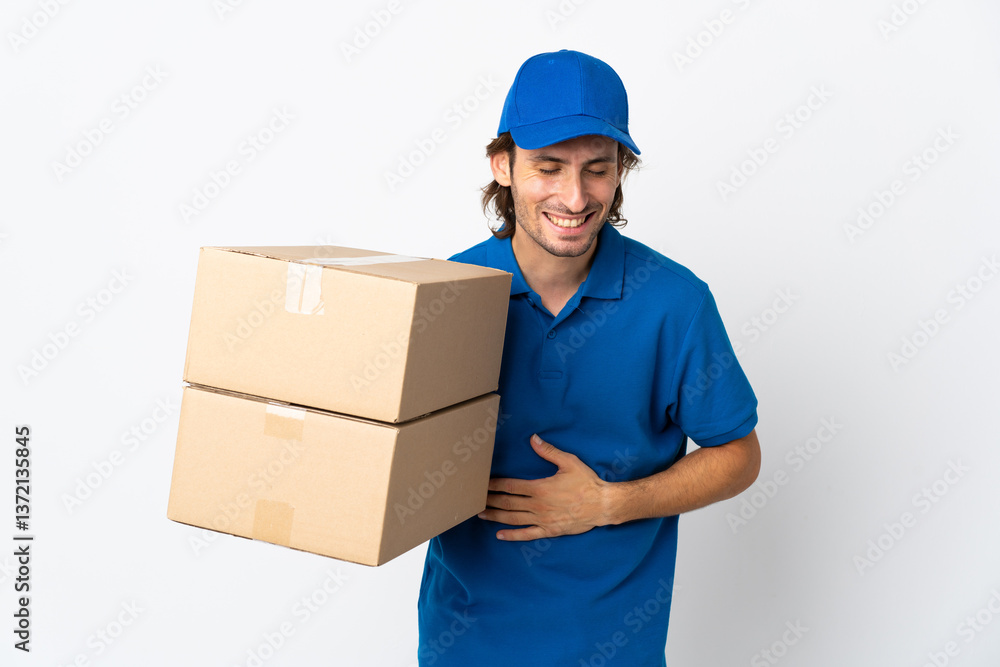 Delivery man isolated on white background smiling a lot Delivery man isolated on white background smiling a lot