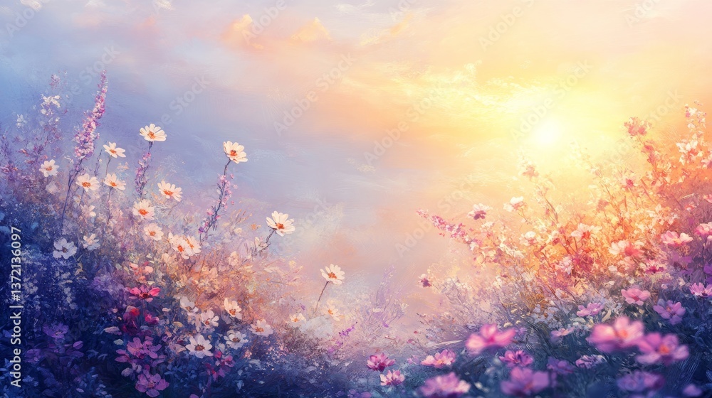Naklejka premium create a soft and relaxing landscape, with a lot of flowers, in the sunrise, in relaxation and meditations style, calm mood, in soft colors, fine art style, realistic 
