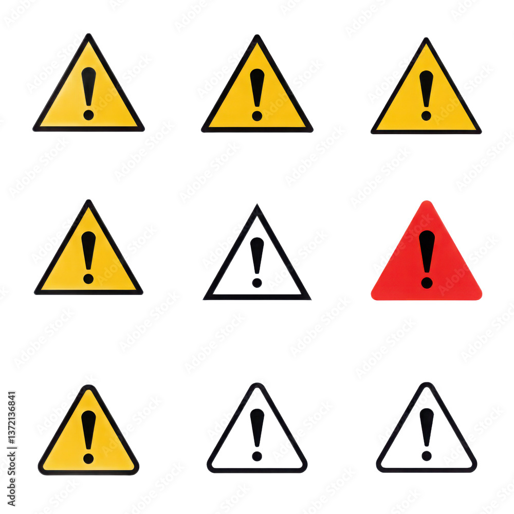 A grid of warning signs with exclamation points in yellow red and black triangles on a black background A grid of warning signs with exclamation points in yellow red and black triangles on a black background