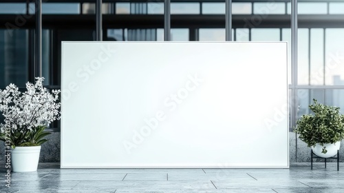 A large blank white billboard stands in a modern building lobby with potted plants flanking it offe a clean and spacious backdrop ideal for advertising or design mockups.