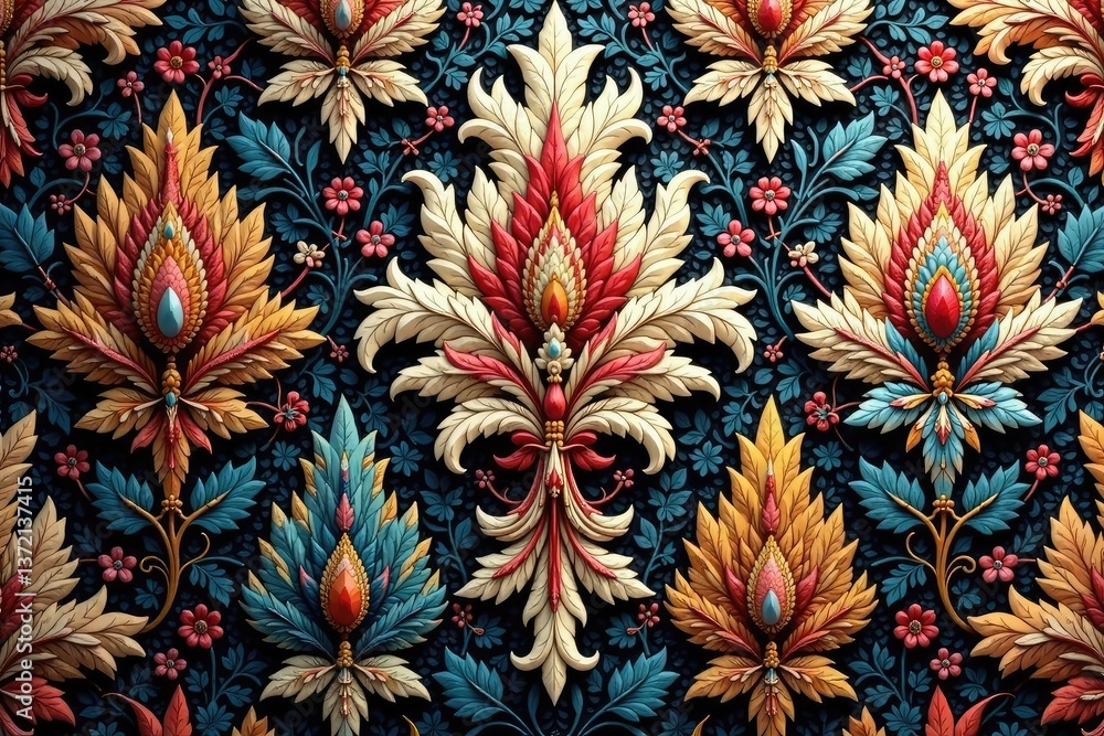 Intricate woven damask, floral and leaf motifs, damask, scroll Intricate woven damask, floral and leaf motifs, damask, scroll