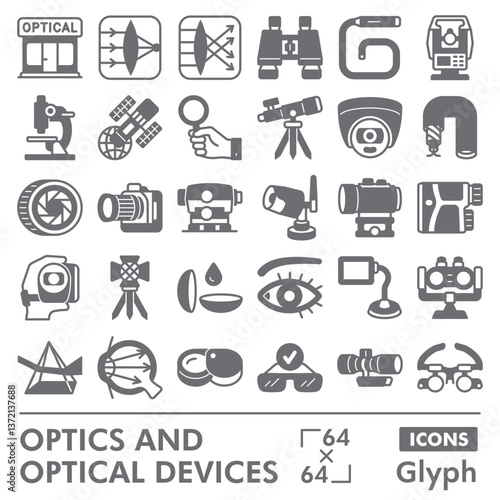 Optical instruments symbols collection or sketches. optics theme icons in glyph style signs for web and app. Vector graphics isolated on white background.