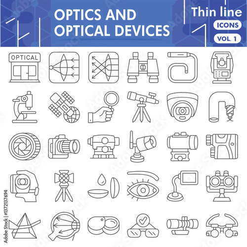 Optical instruments symbols collection or sketches. optics theme icons in thin line style signs for web and app. Vector graphics isolated on white background.