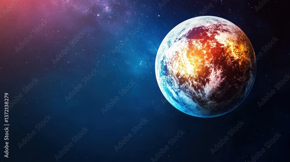 Fototapeta premium A vibrant Earth-like planet floats in a cosmic sea of stars and nebulae.