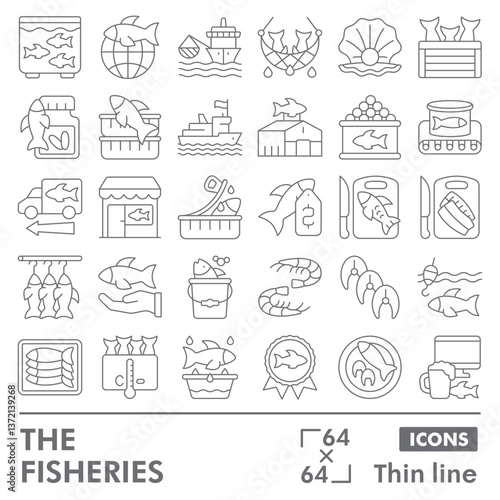 Fisheries symbols collection or sketches. seafood theme icons in thin line style signs for web and app. Vector graphics isolated on white background.
