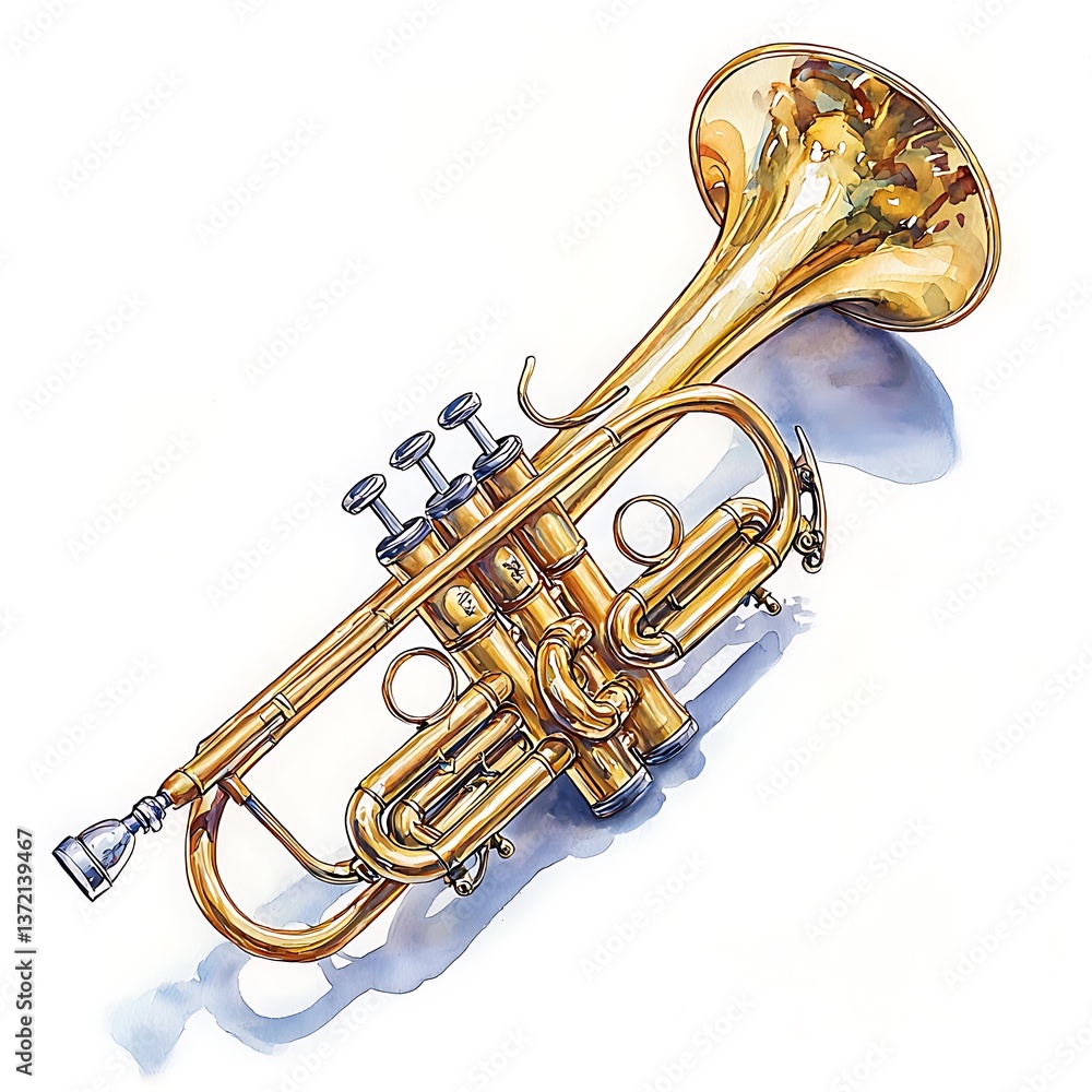 Obraz premium A Detailed Watercolor Painting of a Gold Trumpet. This high-resolution image showcases the intricate details of a musical instrument.