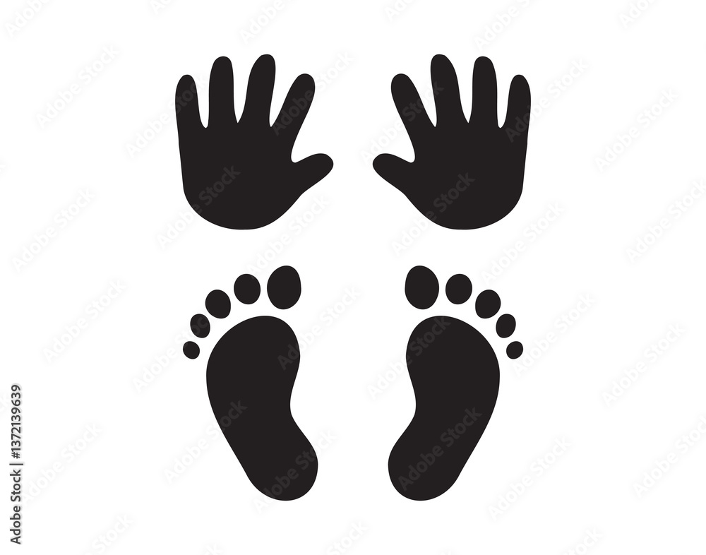 Baby foot prints and hand prints. Small cute black silhouettes. Baby foot prints and hand prints. Small cute black silhouettes.