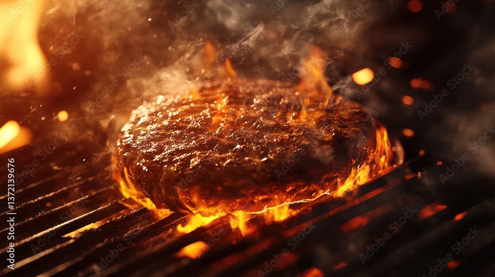 Sizzling Summer Burger: A mouthwatering close-up of a juicy burger patty sizzling on a hot grill, with a golden sear and smoky haze, capturing the essence of summertime grilling. illustration Sizzling Summer Burger: A mouthwatering close-up of a juicy burger patty sizzling on a hot grill, with a golden sear and smoky haze, capturing the essence of summertime grilling. illustration