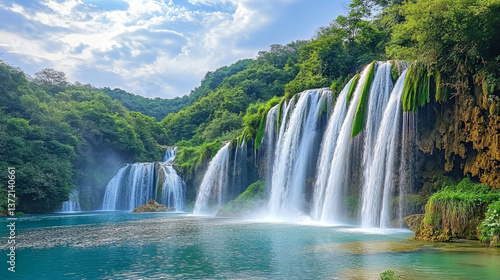 Mountain Waterfall High Mountain Flowing Water Clear Sea Blue Sky Green Mountains Forest Waterfall
