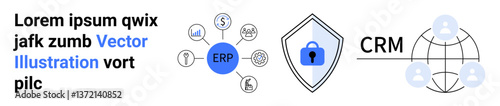 Fotografía Global CRM users connected with ERP data modules, secure shield with lock symbol at the center