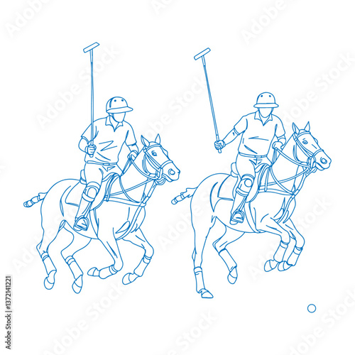 Two Polo Players in a High Speed Match Elegant Vintage Line Art Vector
