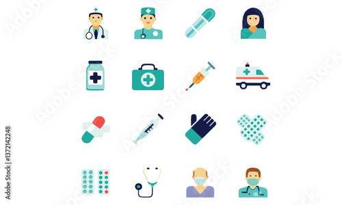 Medical treatment icon set with therapy, recovery, medication, implantation, preventive, heart problem, mental health, diagnosis, pharmacy, contraindication, not effective and adverse effect