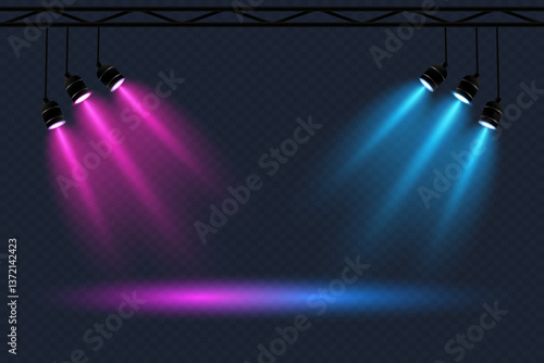 Set of spotlights for stage lighting, concerts. Lighting with neon spotlights. Vector.