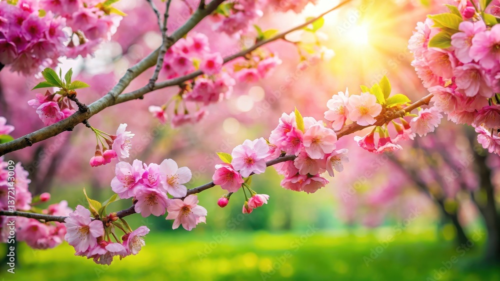 Vibrant pink cherry blossoms in full bloom against a lush green garden backdrop with gentle sunlight filtering through leaves and branches, nature, spring