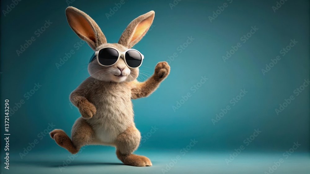 Obraz premium A playful rabbit in shades with a big smile dancing on its hind legs, lively, movement, lively, movement, dance, sunglasses