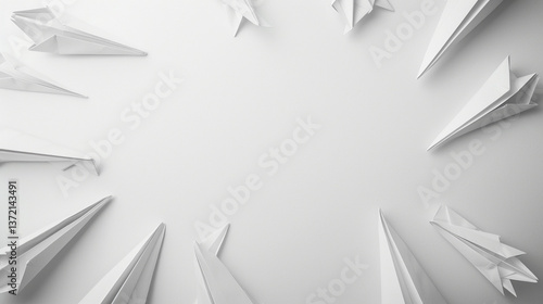 A dynamic layout of monochrome origami planes positioned at the corners of a clean white backdrop