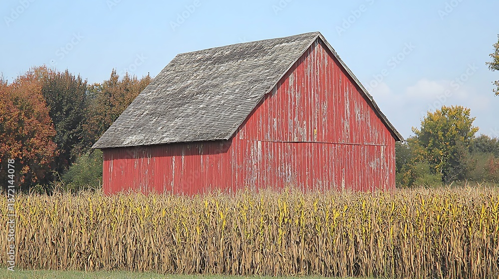 Obraz premium A vibrant red barn stands in a field of mature corn stalks