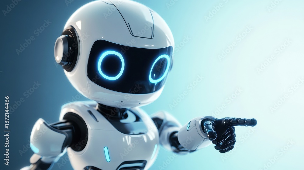 Positive cute robot pointing at a space. copy space, ai generated. Robot. Illustration illustration Positive cute robot pointing at a space. copy space, ai generated. Robot. Illustration illustration