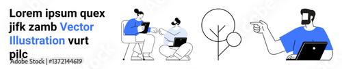 Two people discussing work on laptops, abstract tree, and man pointing while holding a laptop. Ideal for teamwork, remote work, tech concepts, education, creativity, business strategy flat landing