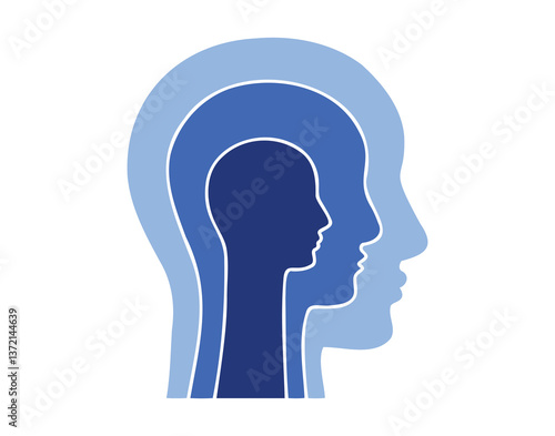 Human mind 3 personality parts. Three color parts in head silhouette with three layered profile. conscious, subconscious, and unconscious mind concept