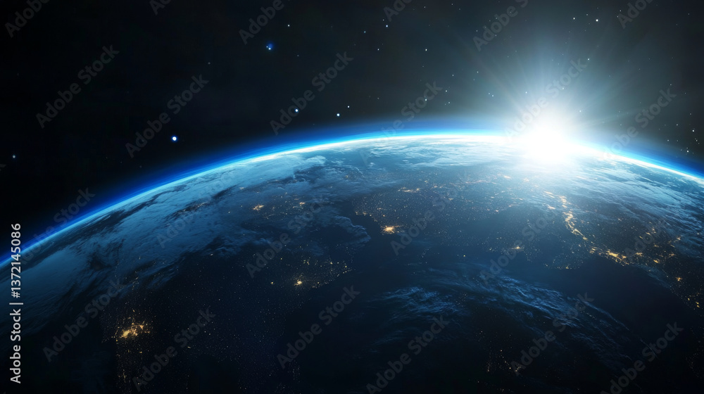 Fototapeta premium Dawn Light over the Blue Planet with Moonlit Night and Earth's Atmospheric Layers