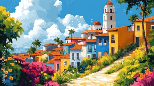 Colorful coastal town with church, flowers, and vibrant hillside path