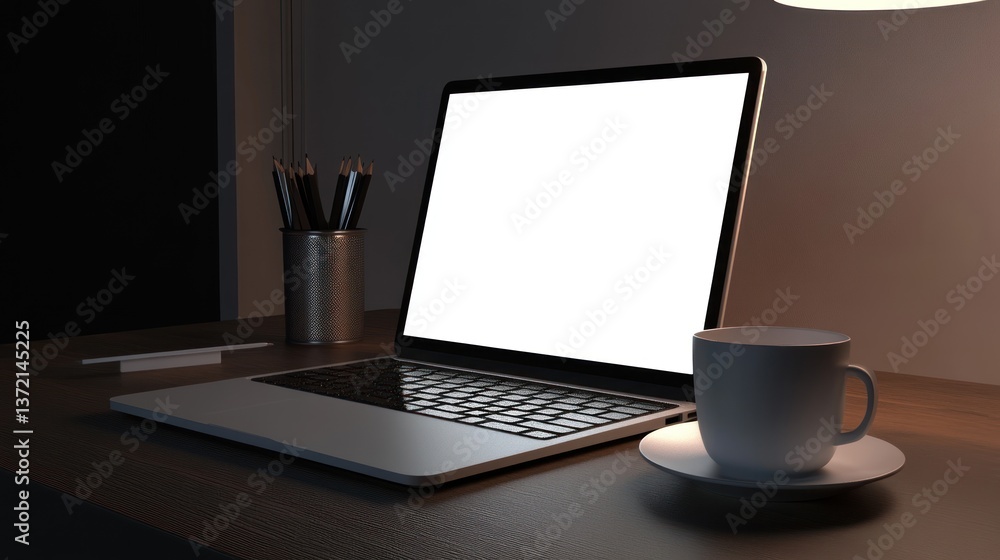 Laptop on a desk at night, with pencils and coffee Laptop on a desk at night, with pencils and coffee