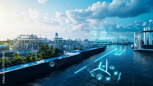 A futuristic AI powered ocean desalination plant, autonomous robots purifying seawater, high-tech environmental facility