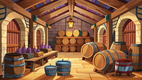 Wooden barrels in a rustic wine cellar. Concept of aging, tradition, and winemaking.