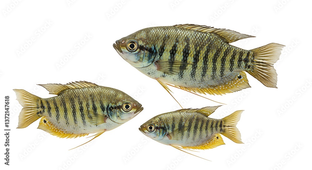 Three Gourami Fish Isolated on White Background Showing Fin and Body Details Three Gourami Fish Isolated on White Background Showing Fin and Body Details
