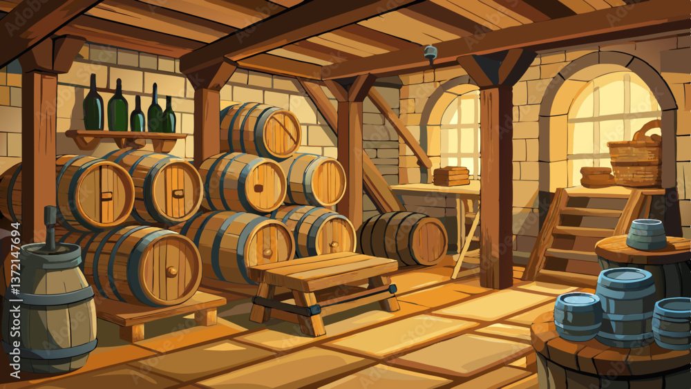 Wooden barrels in a rustic wine cellar. Concept of aging, tradition, and winemaking. Wooden barrels in a rustic wine cellar. Concept of aging, tradition, and winemaking.