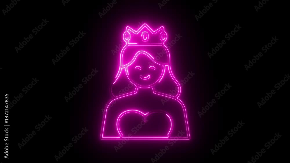Glowing neon queen icon isolated on black background. HD Video motion graphic animation Glowing neon queen icon isolated on black background. HD Video motion graphic animation