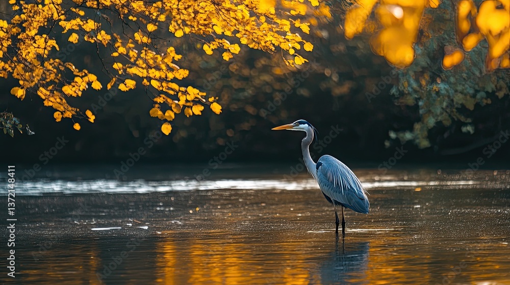 Naklejka premium Grey heron in peaceful river, golden leaves glowing on the surface