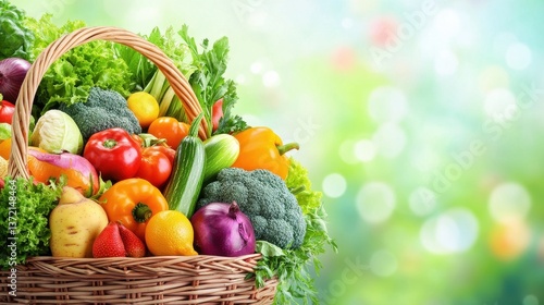 Vegetables and fruits background. Basket full of colorful vegetables and fruits with copy space for text. Assortment of fresh organic fruits and vegetables. Healthy food. Healthy nutrition illustrati