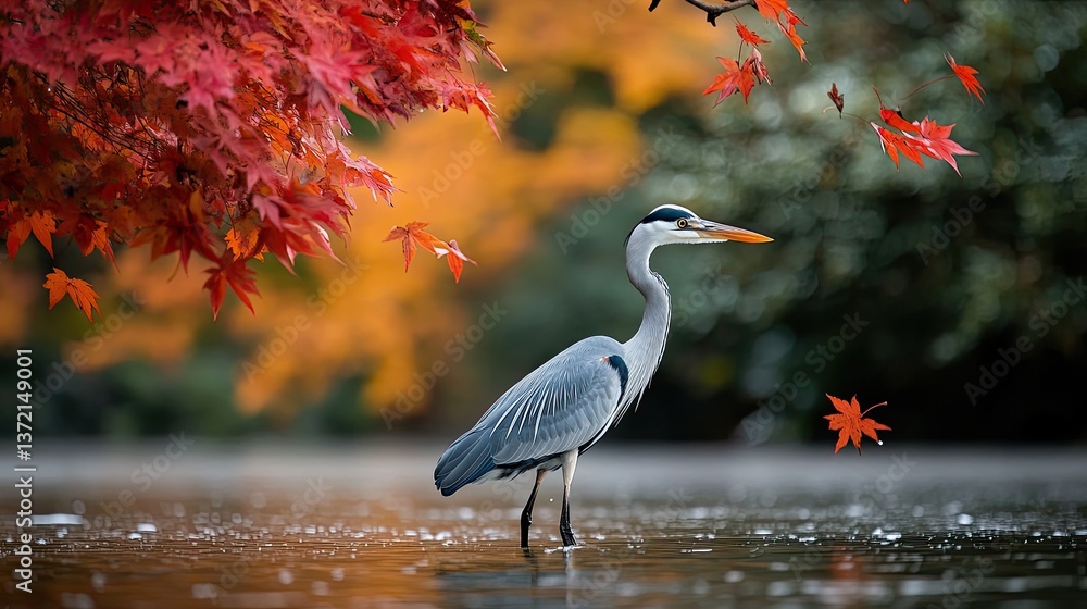 Naklejka premium Grey heron standing in water with vibrant fall leaves drifting nearby
