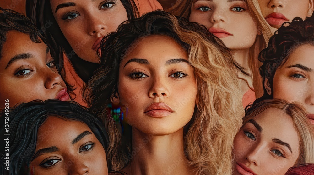 Portrait of multiracial women in studio looking at camera over brown background. Generative AI illustration Portrait of multiracial women in studio looking at camera over brown background. Generative AI illustration