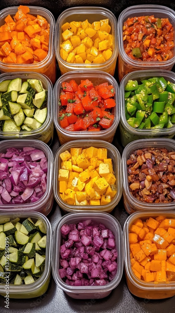 Prepped ingredients are in clear containers, each brightly colored and neatly organized Prepped ingredients are in clear containers, each brightly colored and neatly organized